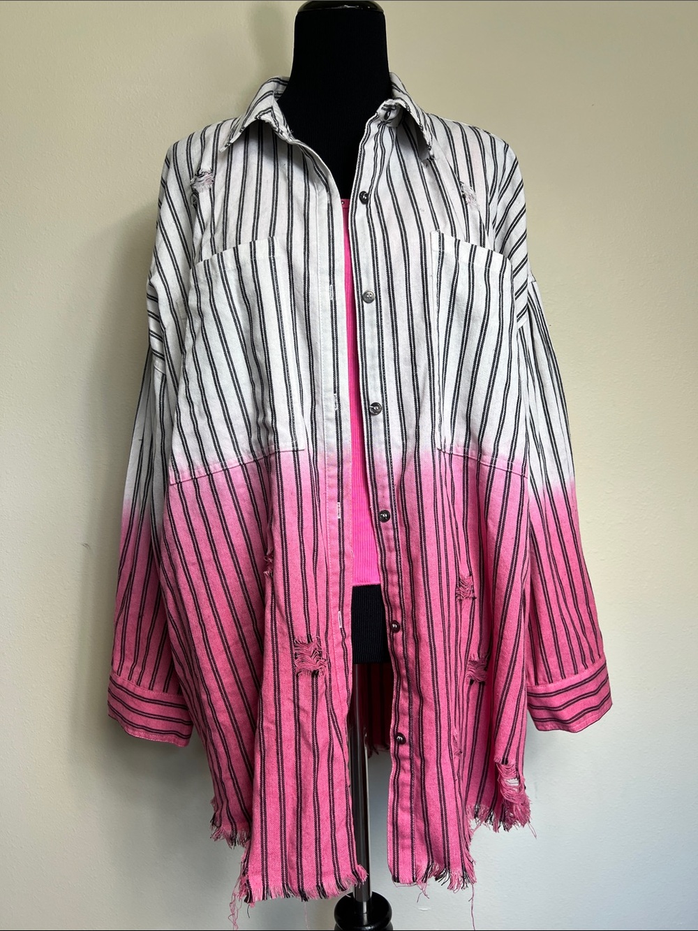white birch Pink and White Striped Ombre Button-Up Jacket